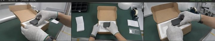 Three time-synchronised camera views of a packing station