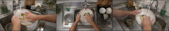 Three time-synchronised camera views of a household task at a kitchen sink