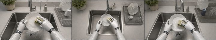 Three camera views of a robot performing the same task in a simulated twin of the scene
