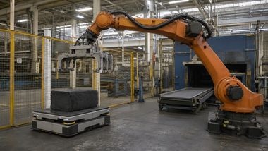 Industrial robot arm moving material beside a conveyor on a plant floor